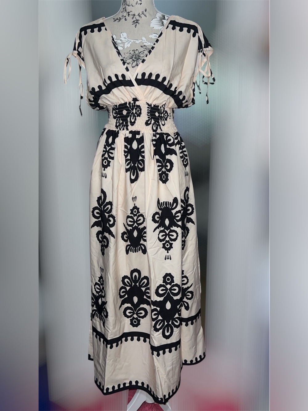 Women's Black & White Maxi Dress with Floral Motif - Picture 2 of 3